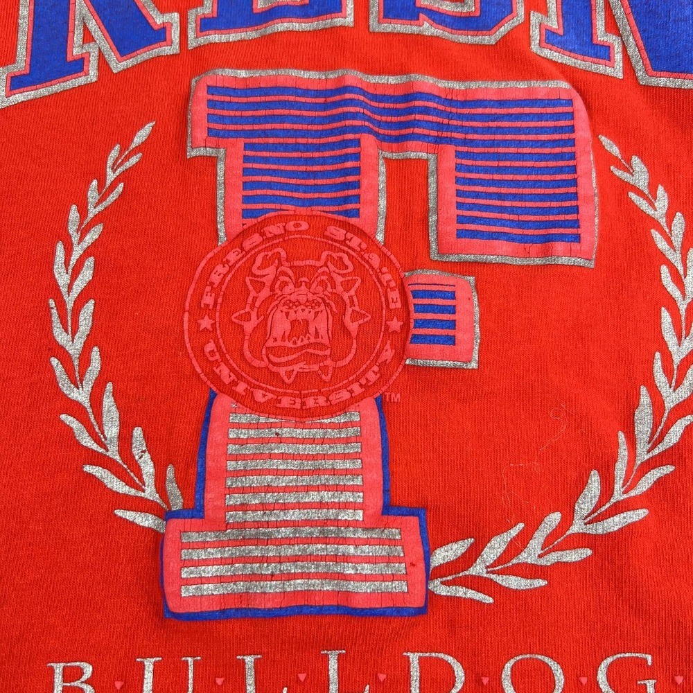 Vintage 90's Puff Print Fresno State Bulldogs T Shirt XL Fruit Loom Red Made USA - Picture 8 of 12